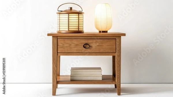 Fototapeta A stylish wooden nightstand with a drawer, adorned with a lantern and a lamp, creating a cozy atmosphere in a modern bedroom setting on a white background.