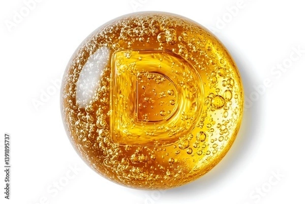 Fototapeta Macro shot: sphere with bubbles and letter D3 in yellow oil on white background