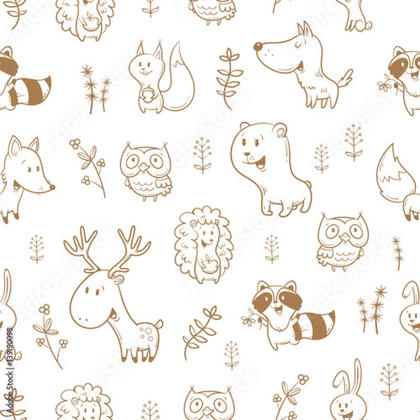 Fototapeta Seamless pattern with cute cartoon foxes, squirrels, wolves, bears, raccoons, owls, deer, and rabbits on white  background. Different plants. Funny forest animals. Children's illustration.