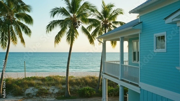 Fototapeta Coastal home beside a sandy beach and tranquil ocean view with palm trees.