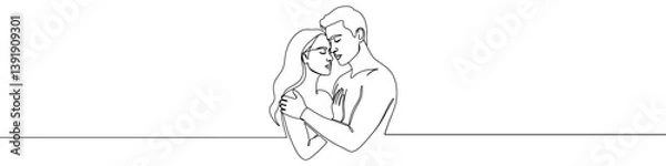Fototapeta Loving couple icon drawn with one line. Black outline of a man and woman embracing, made with a single continuous line. Vector illustration.