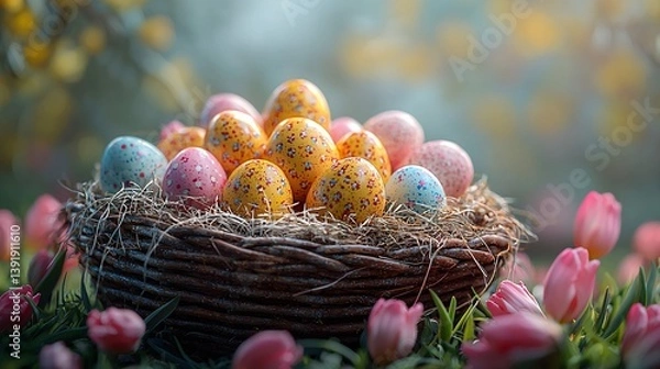 Obraz Easter egg hunt celebration in a colorful garden springtime atmosphere with vibrant flowers
