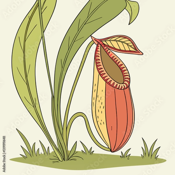 Obraz  A detailed vector illustration of a pitcher plant, showcasing its deep tubular chamber filled with digestive liquid, perfect for botanical and nature-themed designs