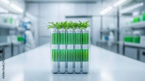 Fototapeta Hydrogen energy battery model in futuristic lab, green tech innovation