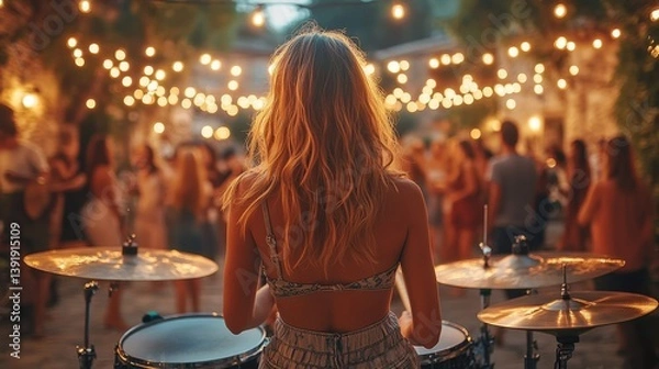 Fototapeta Drummer Enjoys Festive Outdoor Gathering Under Romantic String Lights