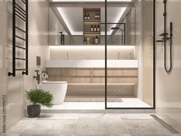 Obraz Luxury beige cream bathroom, modern toilet bowl, washbasin on cabinet counter, glass partition and shower area on white marble floor tile. Interior design decoration background 3D