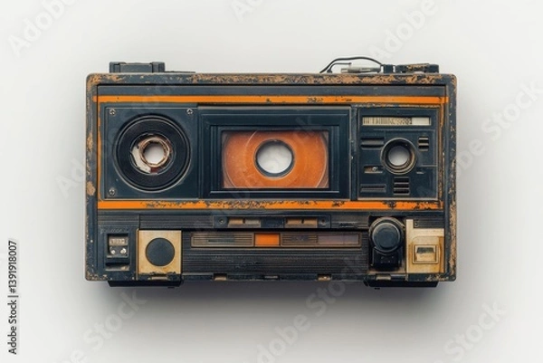 Fototapeta Weathered vintage cassette player nostalgic retro design aged orange accents showing time s passage isolated on transparent background