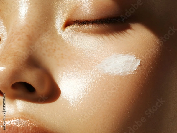 Obraz A close-up of moisturizing cream swatch applied to the cheek of young woman with radiant skin, product swatch