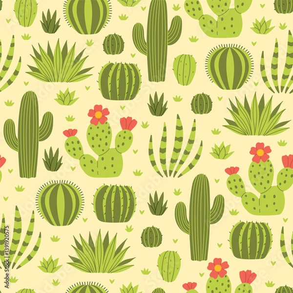 Fototapeta Seamless pattern with various desert cacti. Vector graphics.