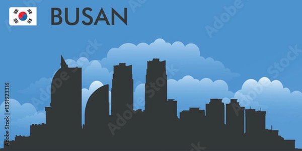 Fototapeta Black silhouette of the city of Busan, Korea on the background of blue sky and big blue clouds. Vector flag of the country and text with the name of the city