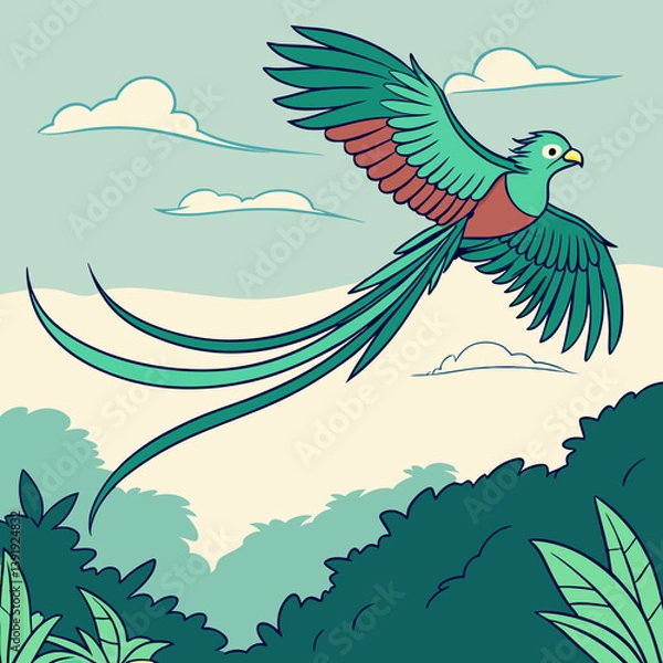 Obraz A vibrant vector illustration of a resplendent Quetzal, an iconic American bird, soaring through the sky in stunning detail.