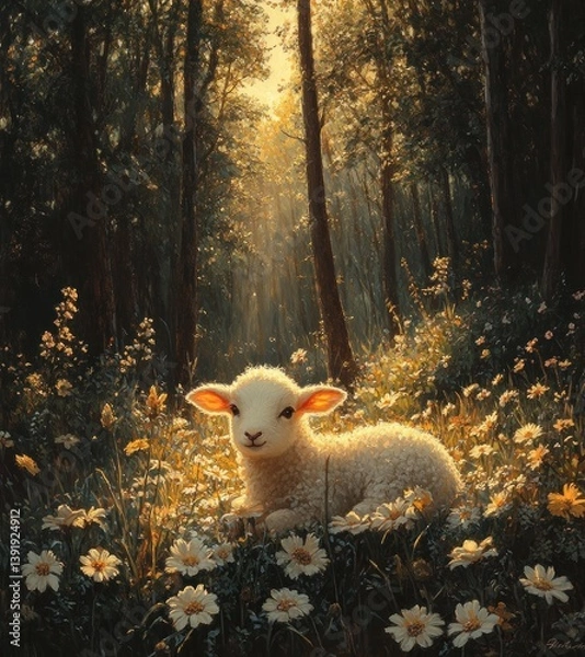 Fototapeta Lamb Resting in a Spring Forest with Jesus as Shepherd Searching for Lost Sheep