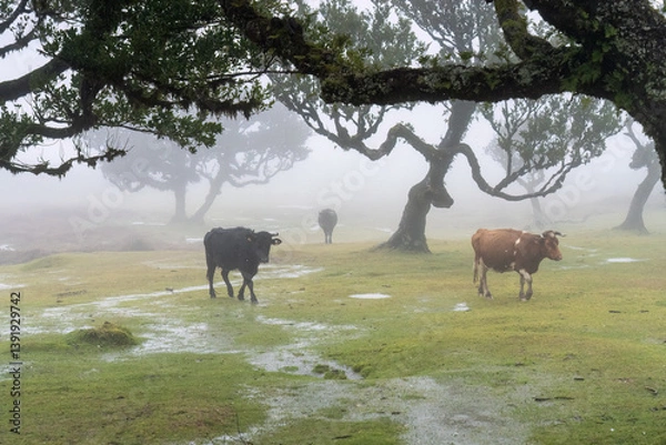 Fototapeta cows in the final forest in the mist and rain Portugal 
