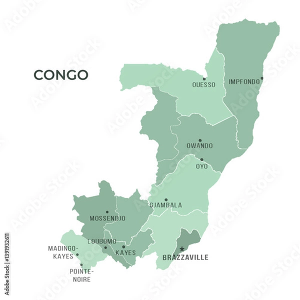 Fototapeta Map of CONGO with Regions Borders and Famous Cities