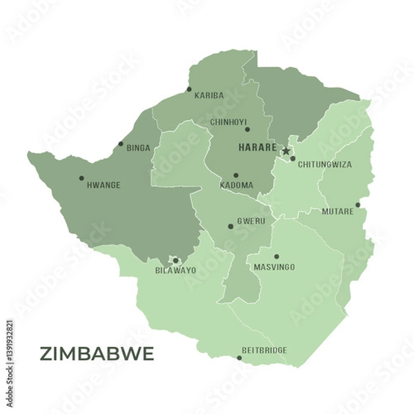 Fototapeta Map of ZIMBABWE with Regions Borders and Famous Cities
