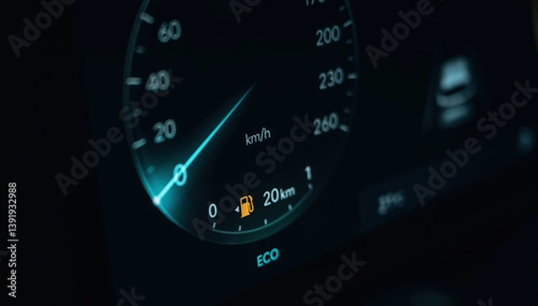 Fototapeta Dark and blue colors. Detailed close up view of speedometer, front panel