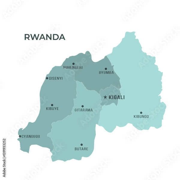 Fototapeta Map of RWANDA with Regions Borders and Famous Cities