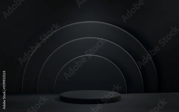Fototapeta 3D abstract black scene background with podium and spotlight. Empty realistic room with platform. Product presentation template.