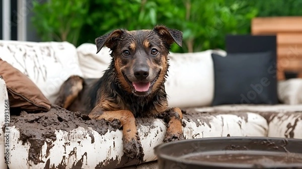 Fototapeta Muddy Pups Patio Mishap Happy Dog on Messy Couch.