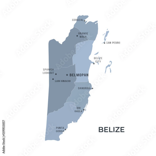 Fototapeta Map of BELIZE with Regions Borders and Famous Cities