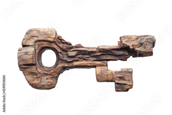 Fototapeta Ancient Wooden Key Relic of Time History s Secret Brown Weathered Detailed Isolated isolated on transparent background