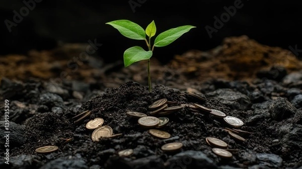 Fototapeta Growth and Investment, Seedling Emerging from Soil Surrounded by Coins
