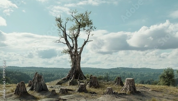 Fototapeta  Cinematic Shot of Lone Tree in Center Surrounded by Cut-Down Trees and Stumps, Overcast Sky, Vast Landscape, Ultra-Realistic with Cinematic Lighting and Color Grading, Grainy Film-Like Quality, 