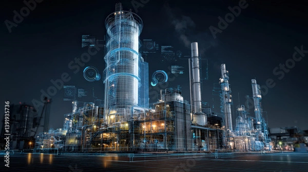 Fototapeta futuristic refinery powered by clean technology is depicted with digital overlays, showcasing blend of industrial architecture and advanced technology. scene is illuminated against night sky
