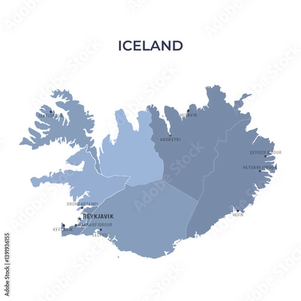 Fototapeta Map of ICELAND with Regions Borders and Famous Cities