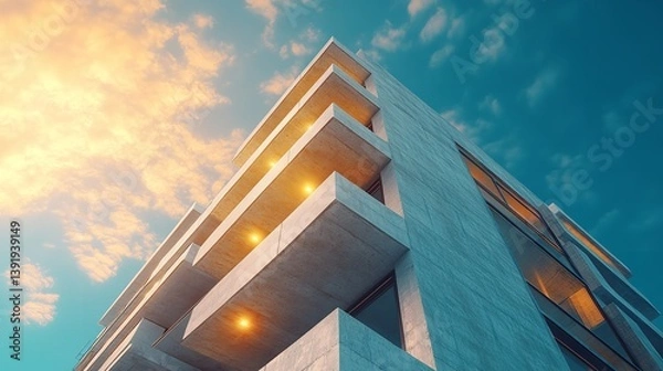 Obraz Modern architecture building design exterior facade concrete structure against sky urban landscape apartment view