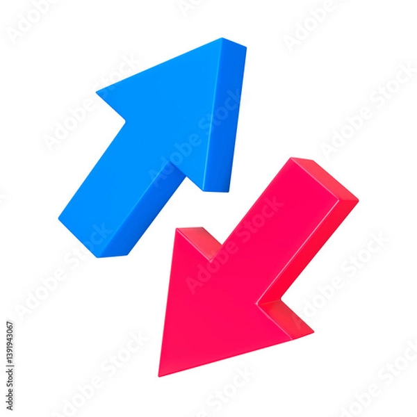 Fototapeta Diagonal up and down blue and red arrows isolated. Rise and fall concept. 3d rendering