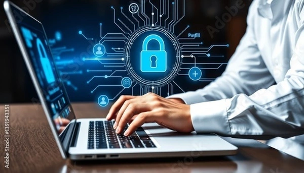 Fototapeta Secure Online Data Protection Person Typing on Laptop with Cyber Security Graphic