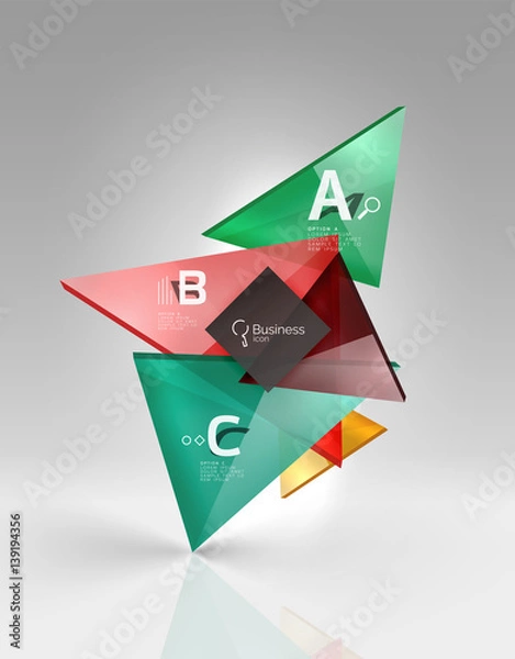 Fototapeta Glossy glass translucent triangles on 3d empty space