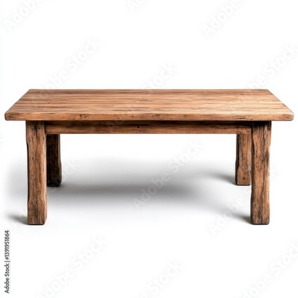 Fototapeta A rustic farmhouse style wooden dining table with a thick, solid top and sturdy legs sits on a white background, perfect for a cozy kitchen or dining room.