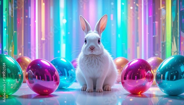Obraz A white rabbit surrounded by crystal prisms creating rainbow light