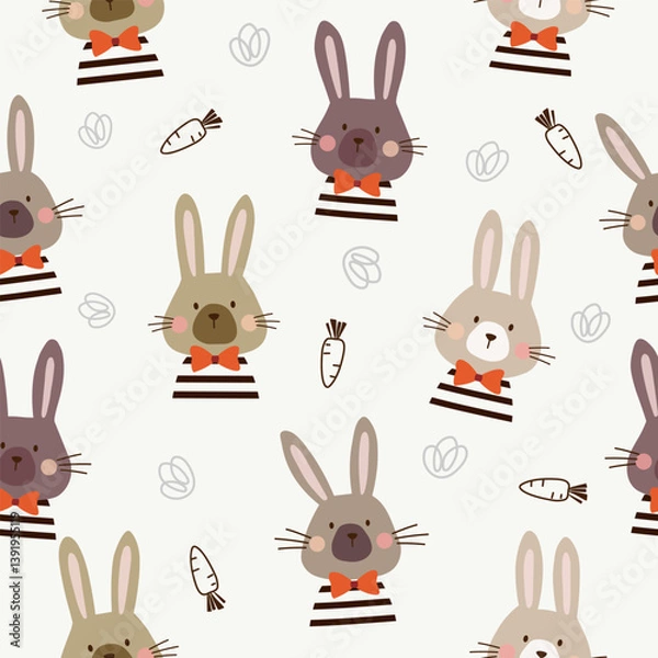 Obraz rabbits with red bow ties and wearing striped clothes  seamless pattern , vector , illustration