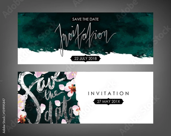 Fototapeta Trendy spring flowers vector invitation templates. Watercolor paint textured petals background. Soft velvet, blossom plum tree and shabby gold textures.
