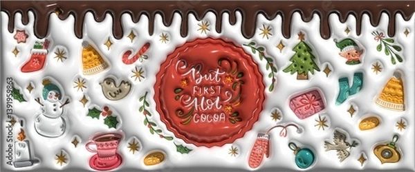 Obraz Festive Seasonal Illustrations with Cocoa, Snowman, and Ornaments