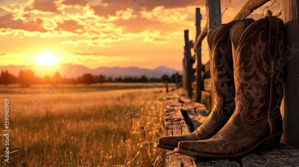 Fototapeta A close-up of rugged cowboy boots resting against a wooden fence, with a beautiful sunset casting warm light over the serene landscape.