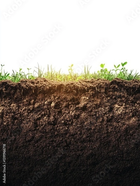 Fototapeta Close-up view of fertile soil with emerging plants. Sunlight filtering through the layers