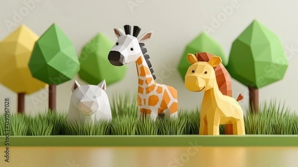 Fototapeta Three Colorful Polygonal Animals in a Playful Landscape with Green Grass and Trees