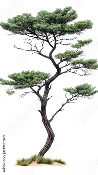 Fototapeta A solitary desert acacia tree stands tall against a stark white background showcasing its unique twisted trunk and lush green canopy in detailed isolation.