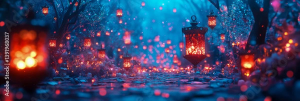 Fototapeta Magical Forest Illumination:  Enchanting lantern light display in a serene otherworldly grove, a mystical festival ambiance