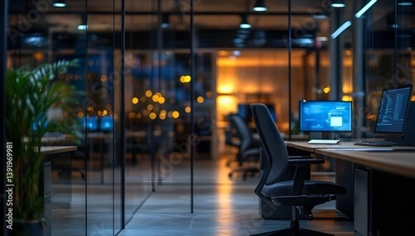 Obraz Modern office interior with desks chairs computers and glass walls at night.