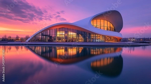 Fototapeta Modern architecture building with glass windows reflecting a vibrant sunset over a calm water surface