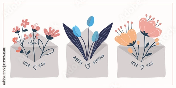 Fototapeta Set of envelopes overflowing with vibrant, pinc, blue,flowers, each accompanied by heartfelt messages of love and celebration, perfect for Postcards and illustrations on special occasions.