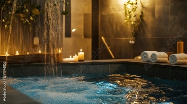 Obraz Luxurious spa with cascading waterfall, candles and soft towels at tranquil atmosphere