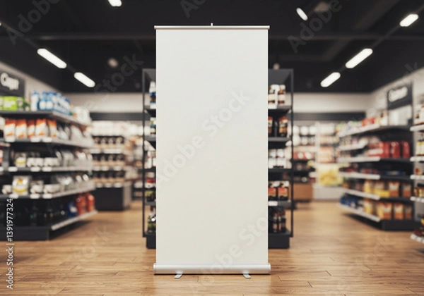 Fototapeta Roll- Up banner mockup. Blank Roll-Up Banner in a Grocery Store Setting. A modern, blank roll-up banner stands in a brightly lit grocery store aisle.