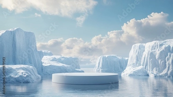 Fototapeta Empty white podium on icebergs in a winter scene; product display