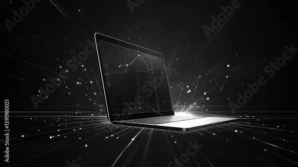 Fototapeta Futuristic Laptop with Data Stream, Digital Transformation Concept